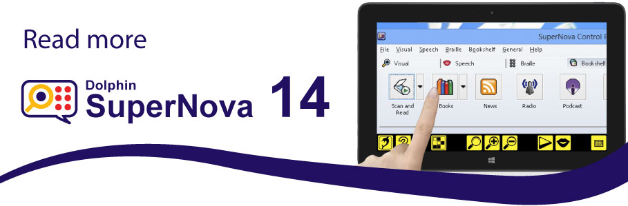 Karta Knihovna programu SuperNova, zobrazená na tabletu s Windows. Zobrazen je text „Read more“ with SuperNova 14 – čtěte více s programem SuperNova